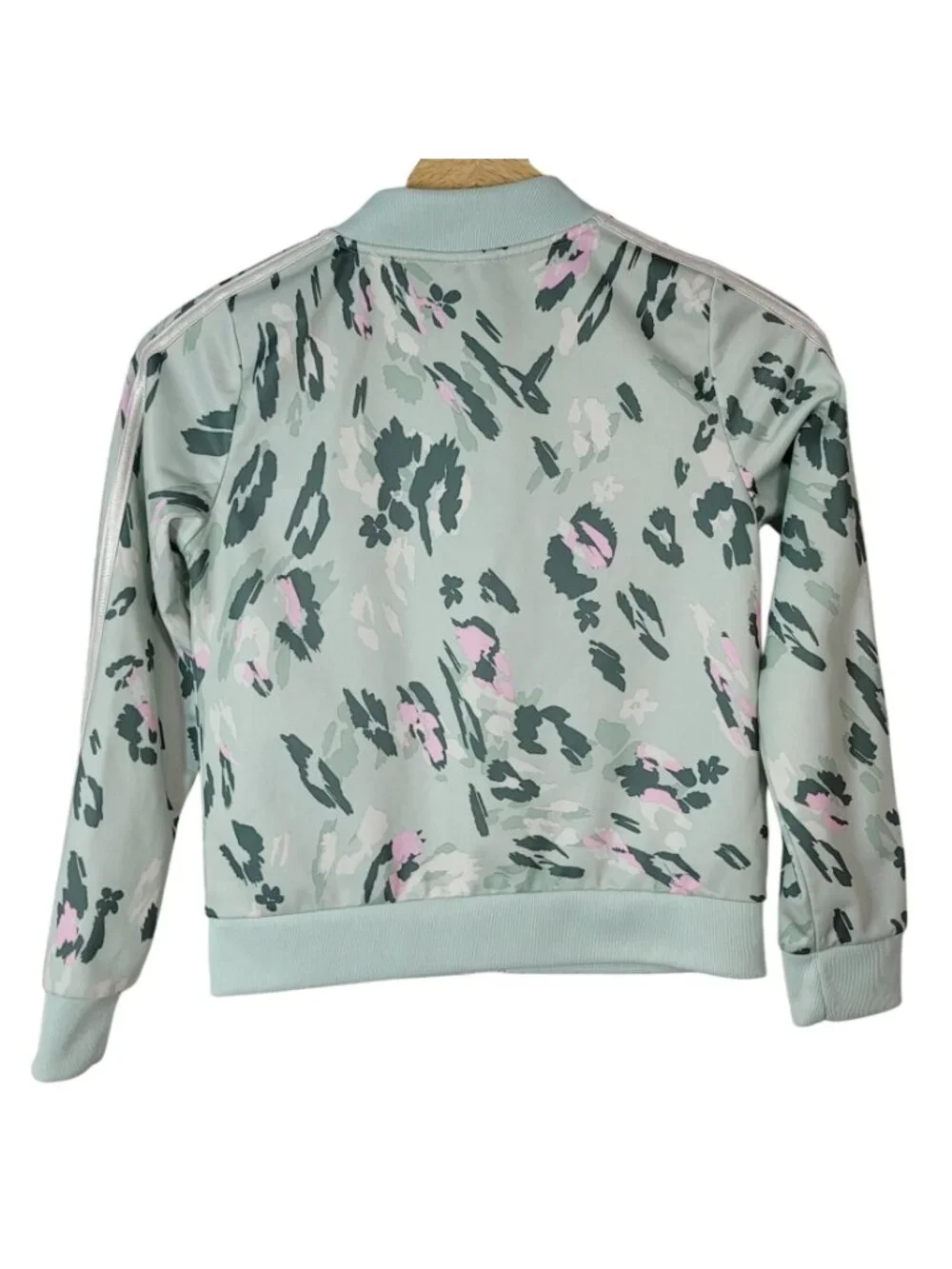 Adidas Girls Floral Track Jacket Green Medium Lightweight Ribbed Tricot Full Zip